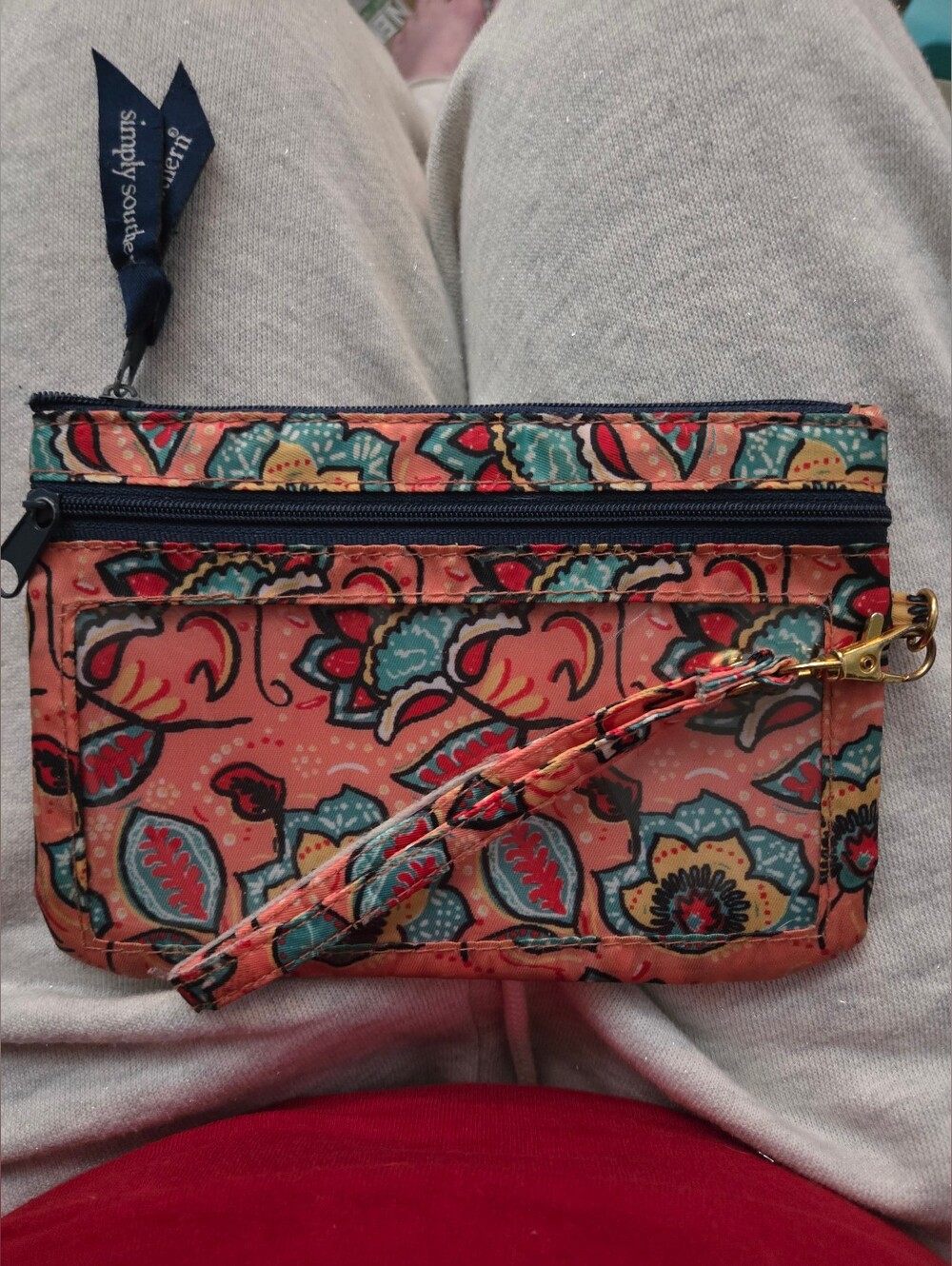 Simply Southern Coral Floral Wristlet with Teal & Navy Accents